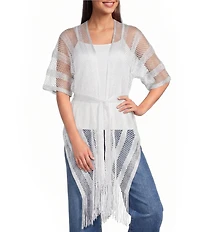 Vince Camuto Short Sleeve Mesh Net Fringe Tie Front Topper