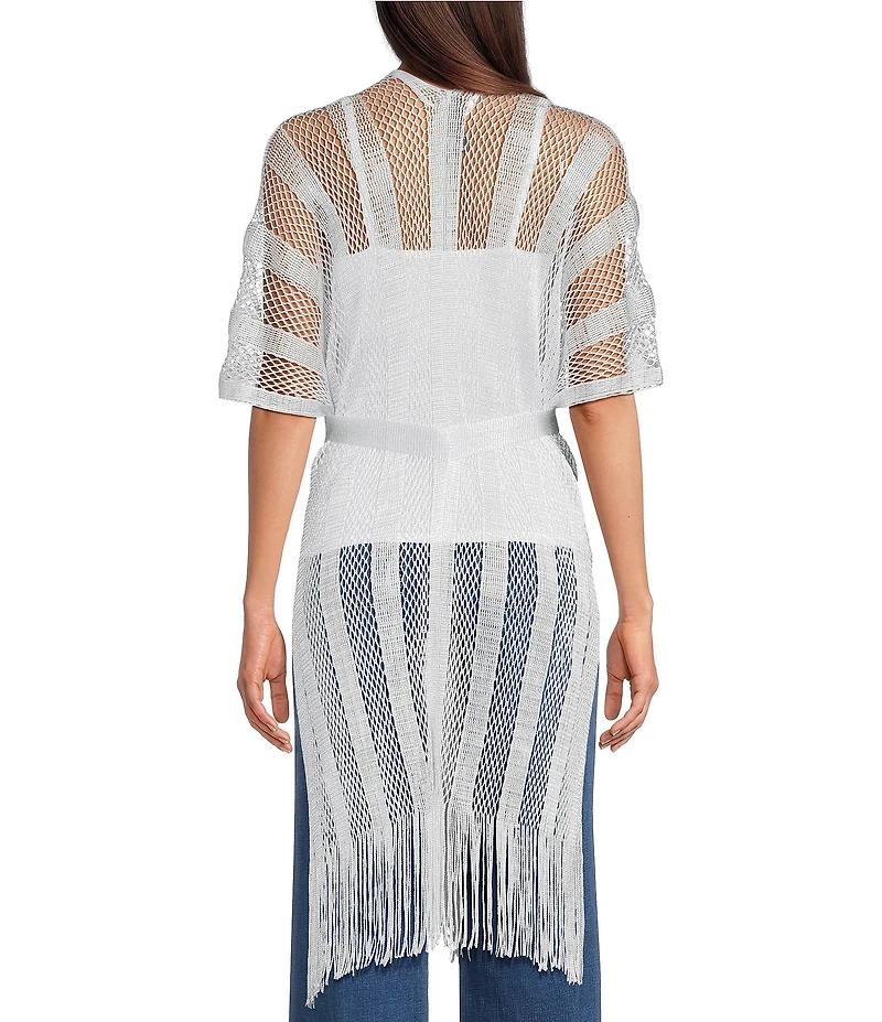 Vince Camuto Short Sleeve Mesh Net Fringe Tie Front Topper