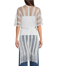 Vince Camuto Short Sleeve Mesh Net Fringe Tie Front Topper