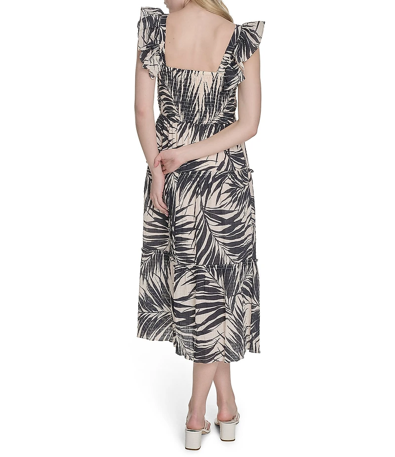 Vince Camuto Smocked Printed Square Neck Sleeveless Tiered Fit And Flare Midi Dress