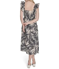 Vince Camuto Smocked Printed Square Neck Sleeveless Tiered Fit And Flare Midi Dress