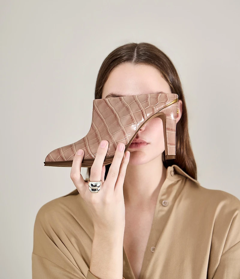 Vince Camuto Solene Croco Print Leather Metal Rand Mules