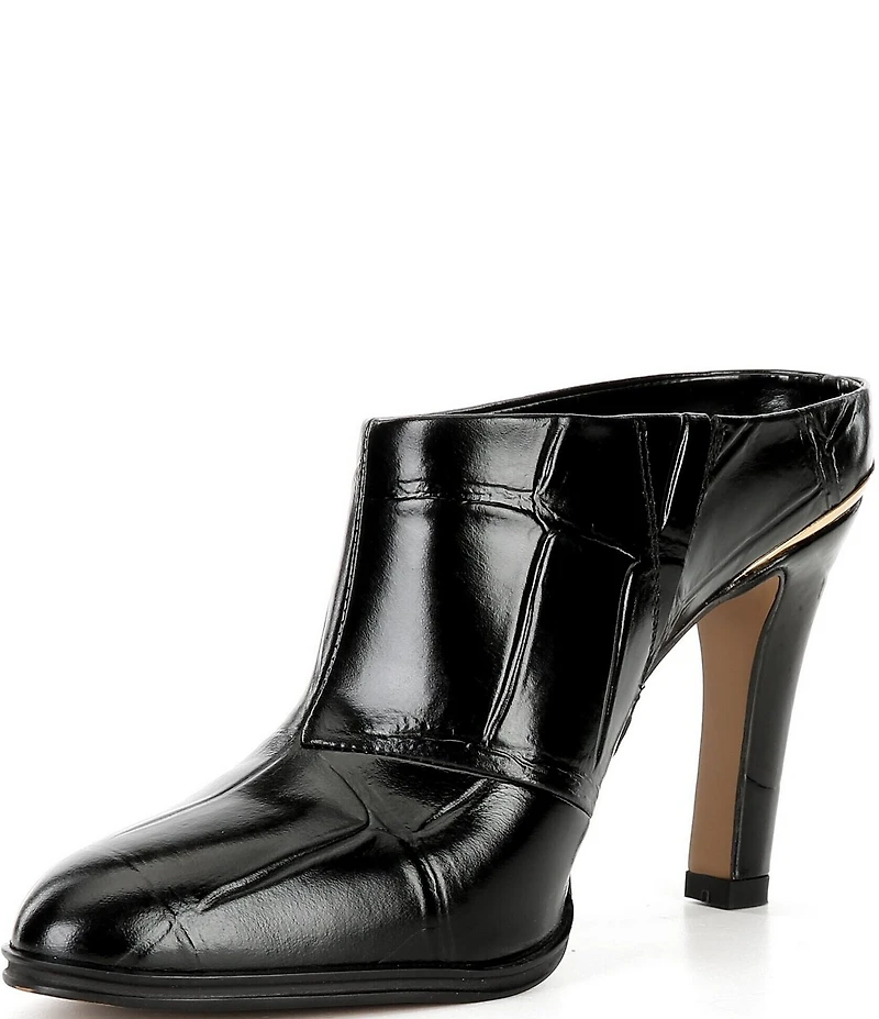 Vince Camuto Solene Croco Print Leather Metal Rand Mules