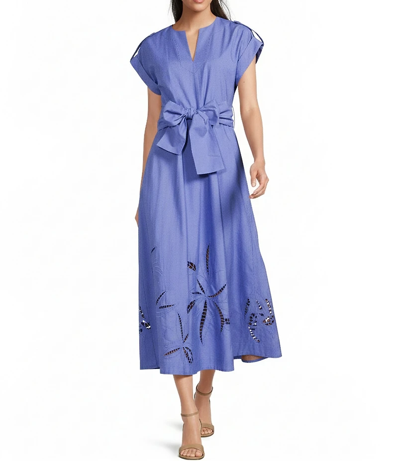 Vince Camuto Solid V-Neck Cap Sleeve Belted Midi A-Line Dress