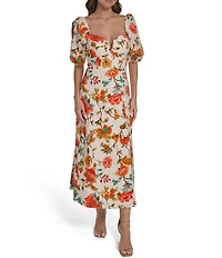 Vince Camuto Square Neck A Line Puff Sleeve Floral Print Midi Dress