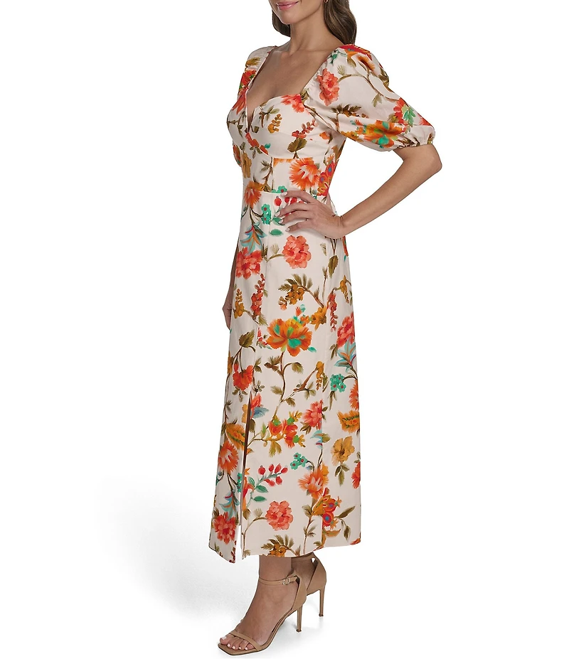 Vince Camuto Square Neck A Line Puff Sleeve Floral Print Midi Dress