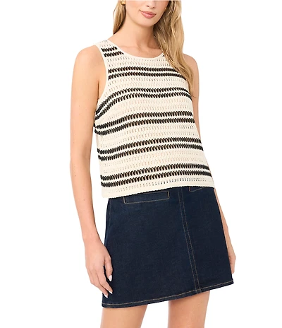 Vince Camuto Striped Crochet Knit Crew Neck Sleeveless Top