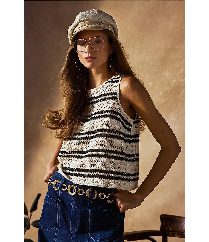 Vince Camuto Striped Crochet Knit Crew Neck Sleeveless Top