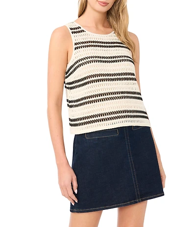 Vince Camuto Striped Crochet Knit Crew Neck Sleeveless Top