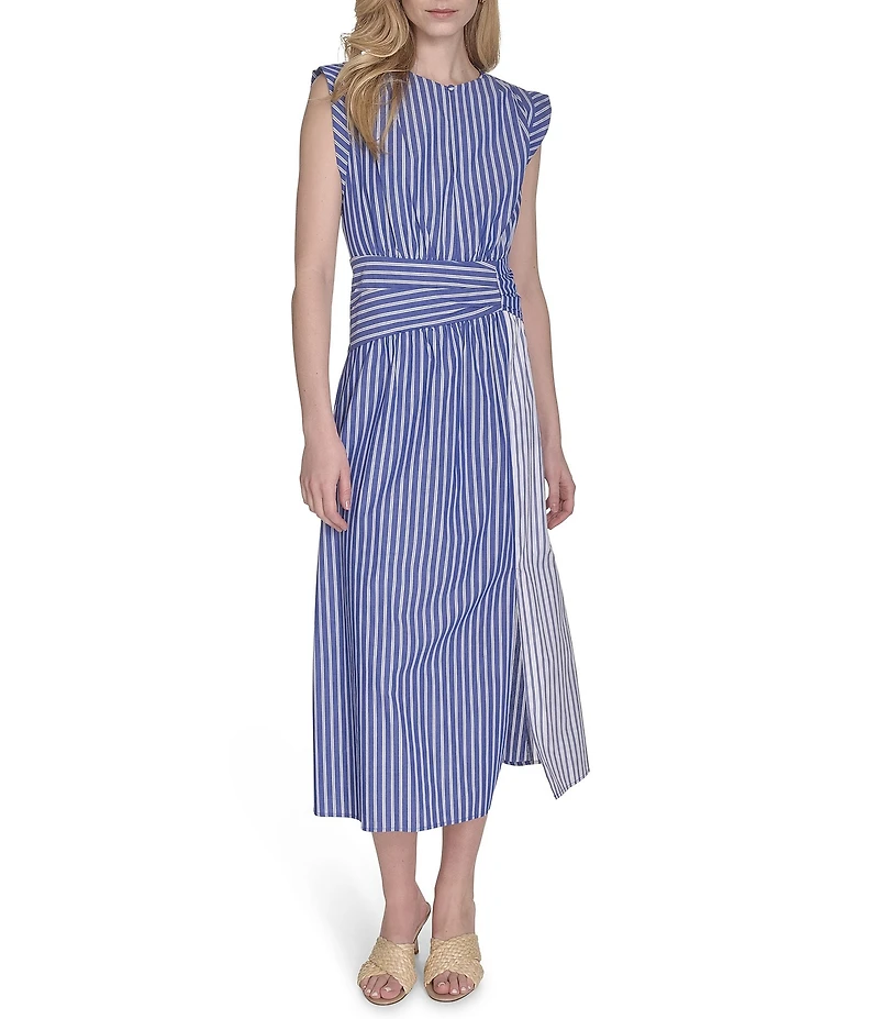 Vince Camuto Striped Split Round Neck Sleeveless A-Line Midi Dress