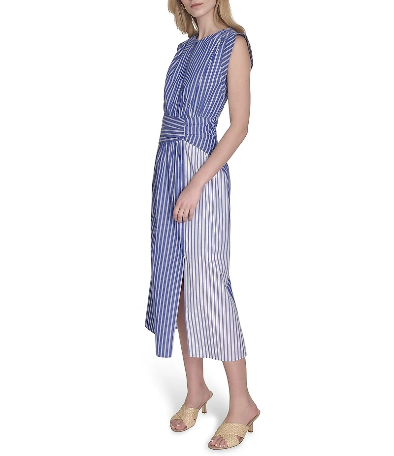 Vince Camuto Striped Split Round Neck Sleeveless A-Line Midi Dress