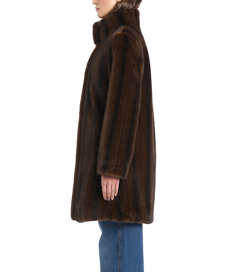 Vince Camuto Striped Vertical Mink Fur Stand Convertible Collar Long Sleeve Coat