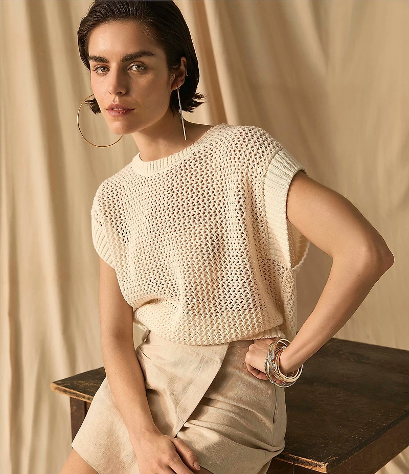 Vince Camuto Sweater Pointelle Crew Neck Short Sleeve Vest