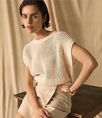 Vince Camuto Sweater Pointelle Crew Neck Short Sleeve Vest