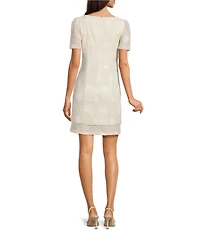 Vince Camuto Textured Square Neck Short Sleeve Ruched Shift Mini Dress