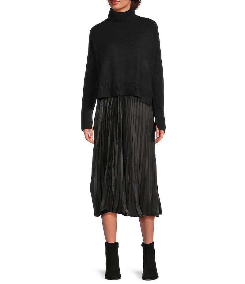 Vince Camuto Turtleneck Long Sleeve Twofer Slip Midi Dress