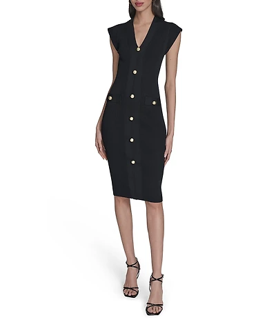 Vince Camuto V-Neck Cap Sleeve Button Front Sweater Dress