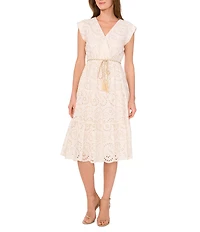 Vince Camuto V-Neck Cap Sleeve Embroidered Eyelet Belted Faux Wrap Midi Dress