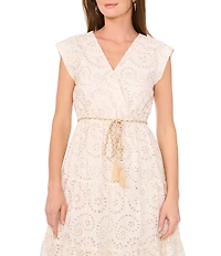 Vince Camuto V-Neck Cap Sleeve Embroidered Eyelet Belted Faux Wrap Midi Dress
