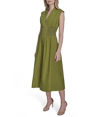 Vince Camuto V-Neck Cap Sleeve Smocked Waist Midi Dress