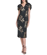 Vince Camuto V-Neck Short Sleeve Sequin Flower Dress