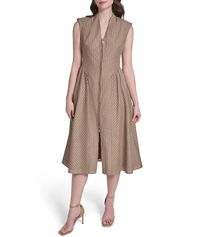 Vince Camuto V-Neck Sleeveless Striped Zip Front Midi A-Line Midi Dress
