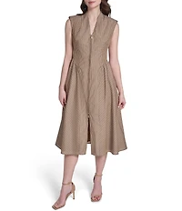 Vince Camuto V-Neck Sleeveless Striped Zip Front Midi A-Line Midi Dress