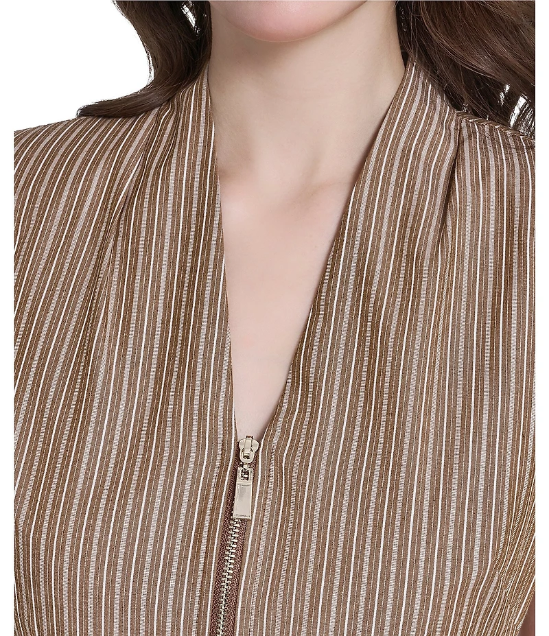 Vince Camuto V-Neck Sleeveless Striped Zip Front Midi A-Line Midi Dress