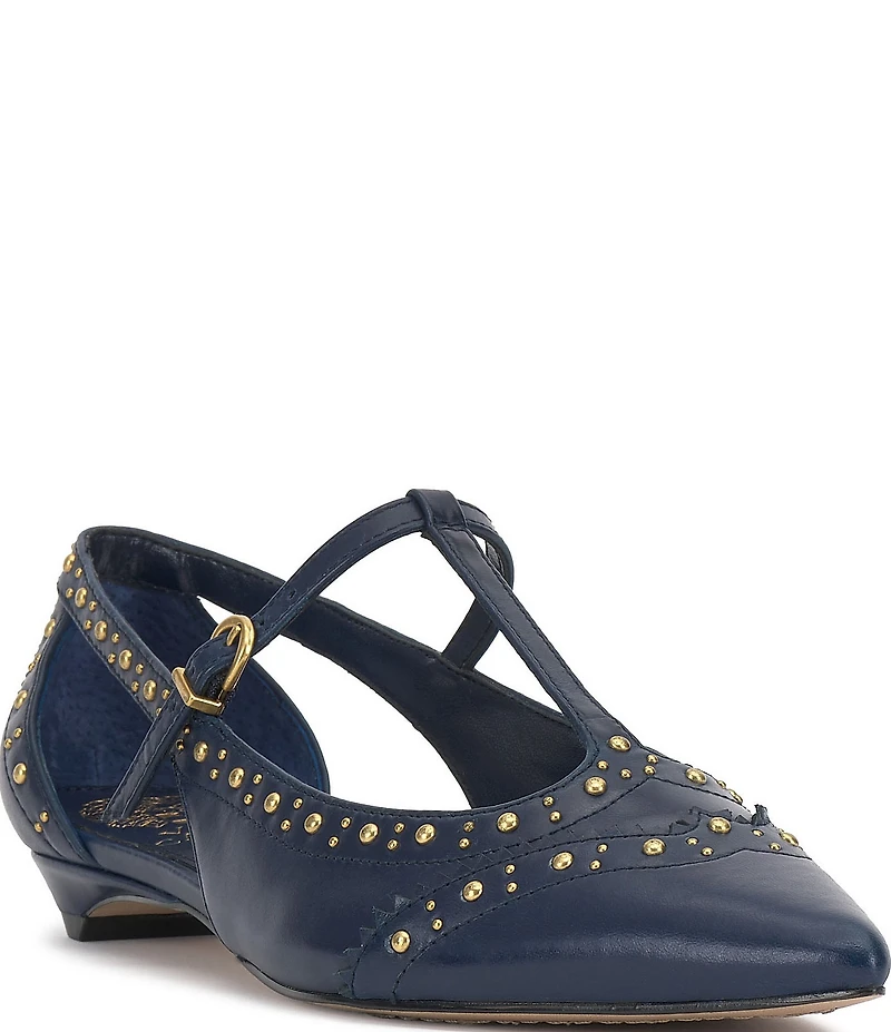 Vince Camuto Valkie Studded Leather T-Strap Pointed Toe Flats