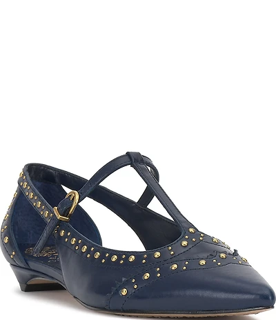Vince Camuto Valkie Studded Leather T-Strap Pointed Toe Flats