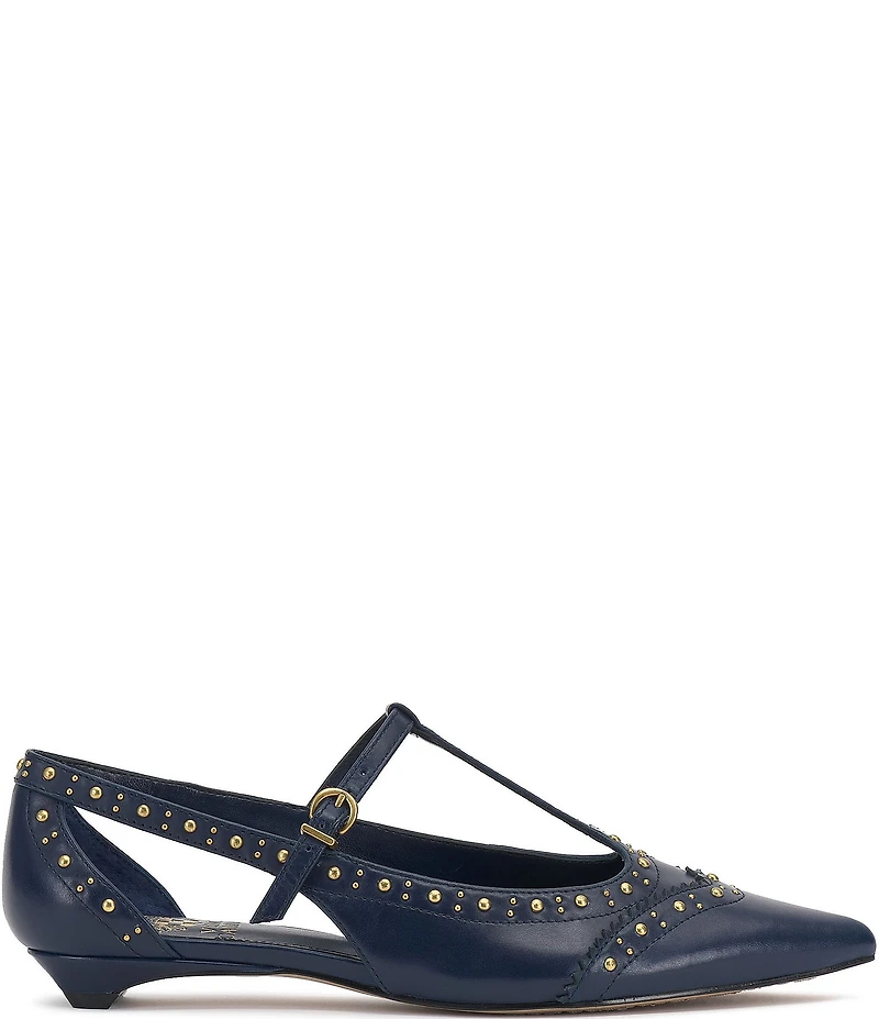 Vince Camuto Valkie Studded Leather T-Strap Pointed Toe Flats