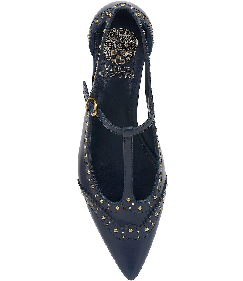 Vince Camuto Valkie Studded Leather T-Strap Pointed Toe Flats
