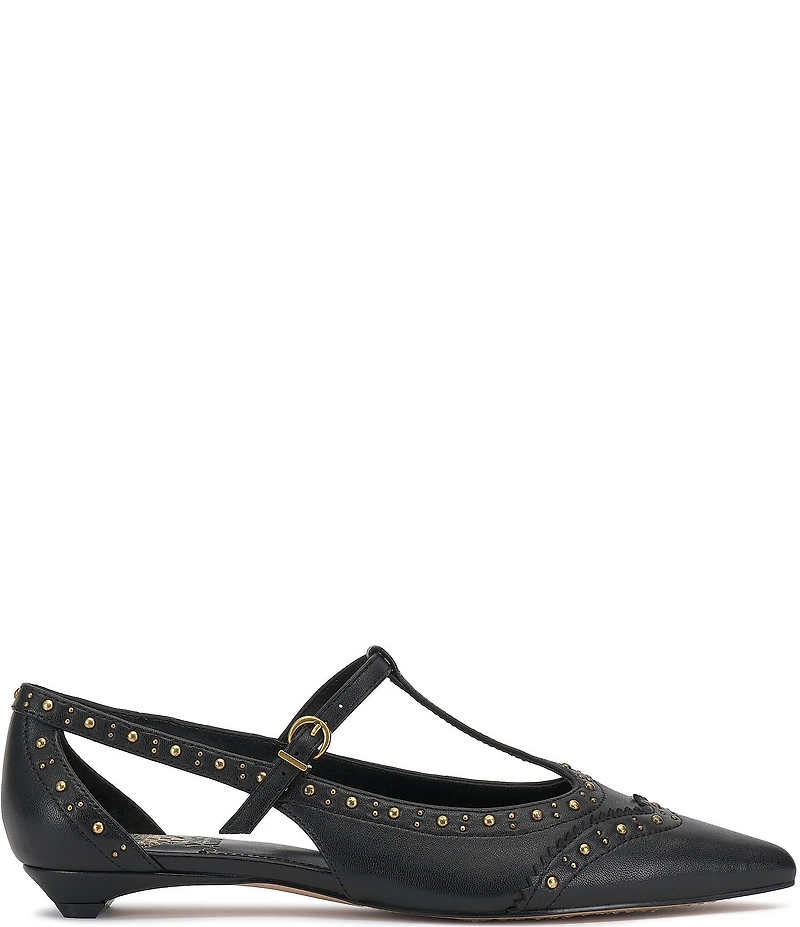 Vince Camuto Valkie Studded Leather T-Strap Pointed Toe Flats