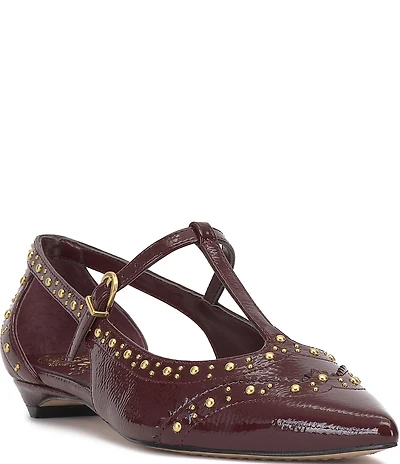 Vince Camuto Valkie Studded Patent T-Strap Pointed Toe Flats