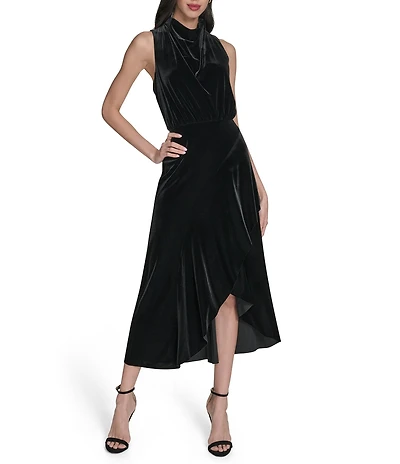 Vince Camuto Velvet Drape Cowl Mock Neck Blouson Wrap Ruffle Flounce Silt Hem Midi Dress