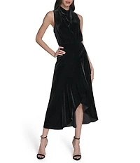 Vince Camuto Velvet Drape Cowl Mock Neck Blouson Wrap Ruffle Flounce Silt Hem Midi Dress