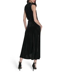 Vince Camuto Velvet Drape Cowl Mock Neck Blouson Wrap Ruffle Flounce Silt Hem Midi Dress
