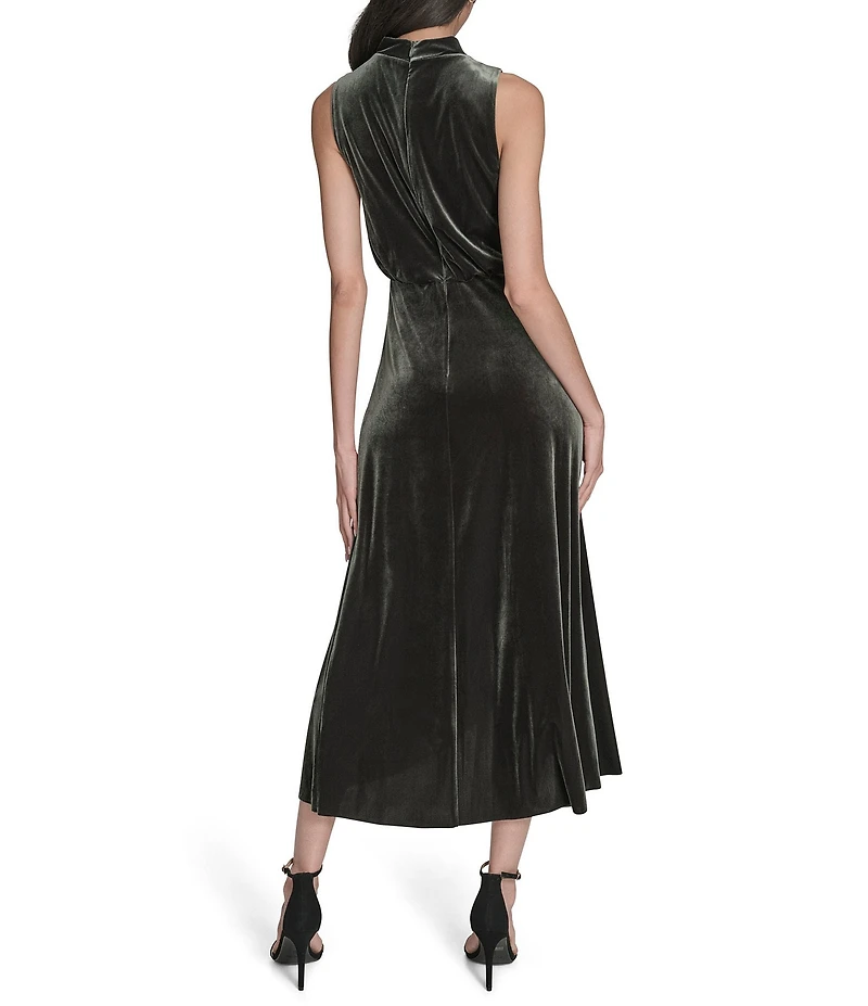 Vince Camuto Velvet Drape Cowl Mock Neck Blouson Wrap Ruffle Flounce Silt Hem Midi Dress