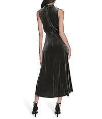 Vince Camuto Velvet Drape Cowl Mock Neck Blouson Wrap Ruffle Flounce Silt Hem Midi Dress