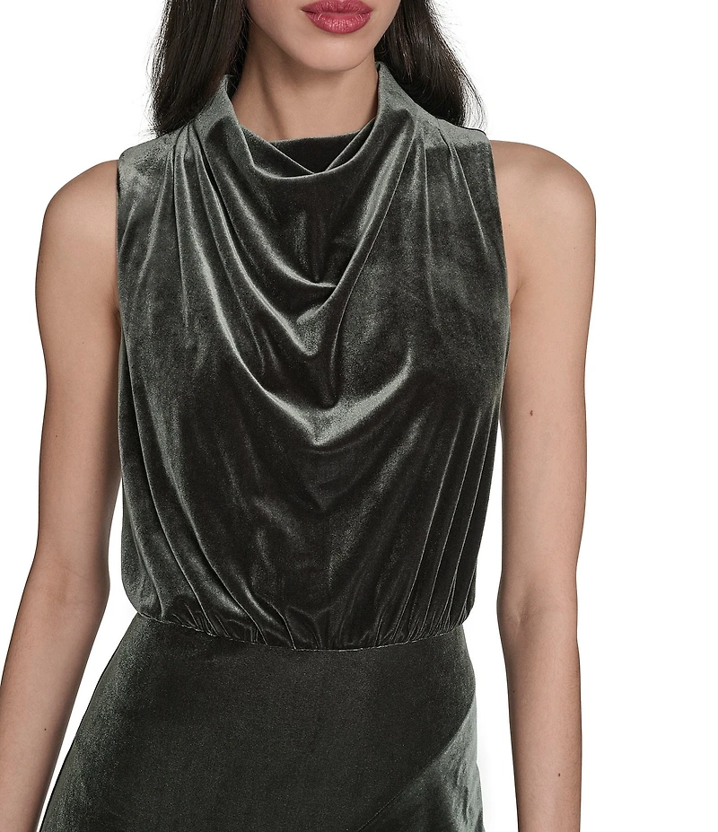 Vince Camuto Velvet Drape Cowl Mock Neck Blouson Wrap Ruffle Flounce Silt Hem Midi Dress