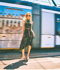 Vince Camuto Velvet Drape Cowl Mock Neck Blouson Wrap Ruffle Flounce Silt Hem Midi Dress