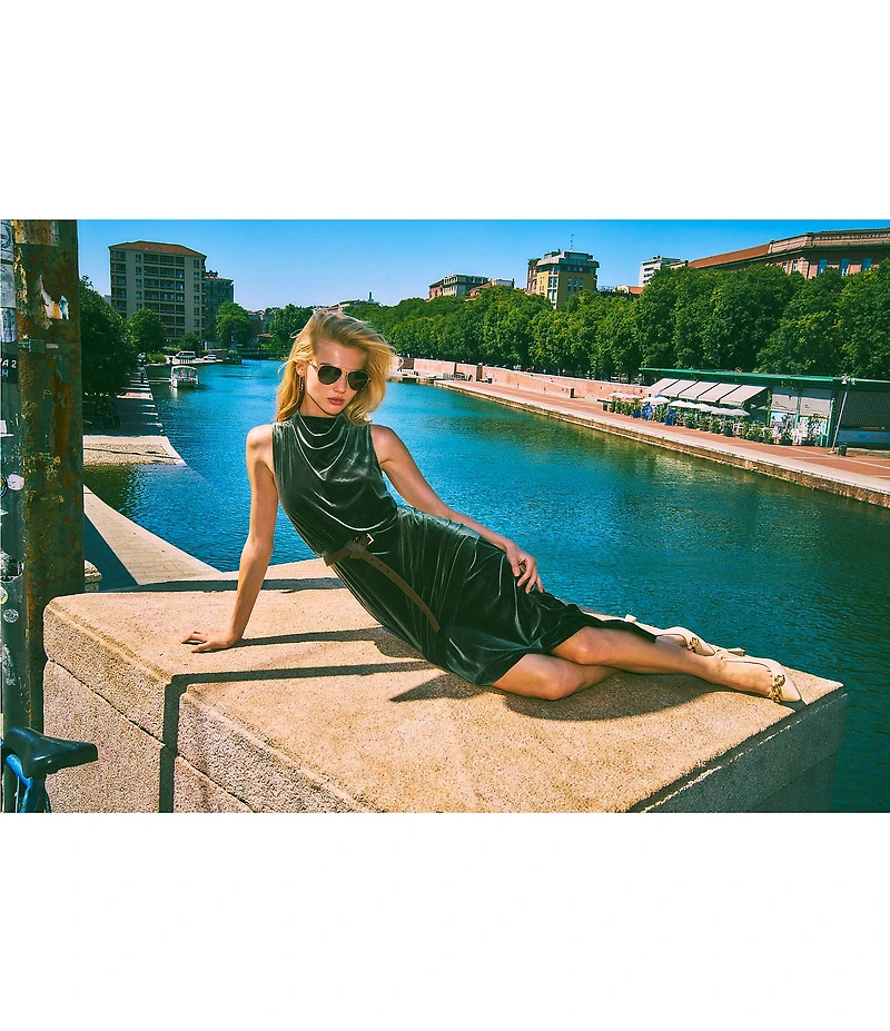 Vince Camuto Velvet Drape Cowl Mock Neck Blouson Wrap Ruffle Flounce Silt Hem Midi Dress