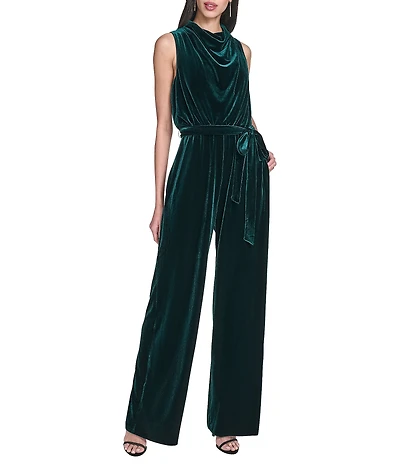 Vince Camuto Velvet Drape Neck Sleeveless Belted Jumpsuit