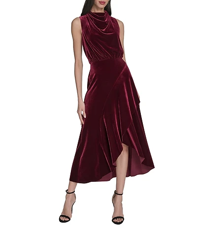 Vince Camuto Velvet Mock Cowl Neck Sleevless A-Line Wrap Flounce Midi Dress