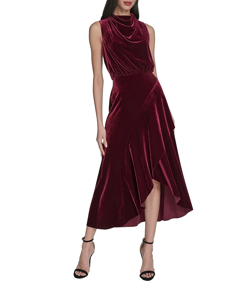 Vince Camuto Velvet Mock Cowl Neck Sleevless A-Line Wrap Flounce Midi Dress