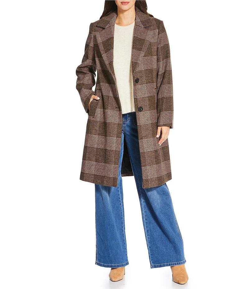 Vince Camuto Wool Blend Plaid Print Notch Collar Boyfriend Fit Single Breasted Coat