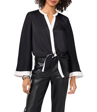 Vince Camuto Woven Contrast Trim Split V-Neck Flare Sleeve Tie Front Blouse