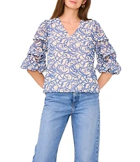 Vince Camuto Woven Floral Print V-Neck 3/4 Lantern Sleeve Blouse