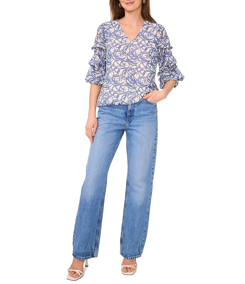 Vince Camuto Woven Floral Print V-Neck 3/4 Lantern Sleeve Blouse