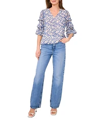 Vince Camuto Woven Floral Print V-Neck 3/4 Lantern Sleeve Blouse